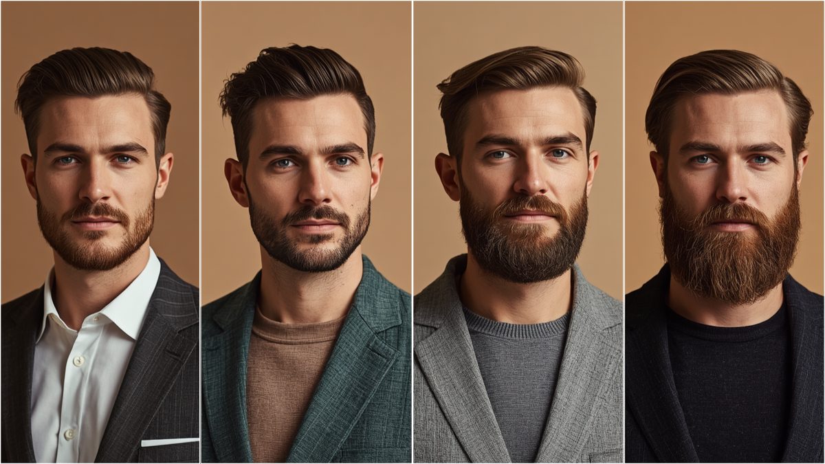 Five best men's beard styles 2026 including designer stubble, short boxed beard, stubble fade and medium length beard