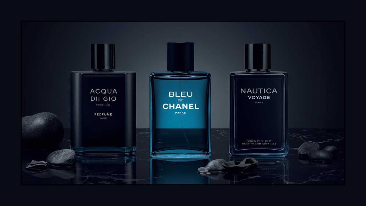 Flat lay of best summer colognes for men 2026 including Acqua di Gio Profumo, Bleu de Chanel and Nautica Voyage