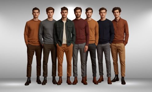 Man in autumn layered outfit wearing overshirt, straight trousers and Chelsea boots in earth tones 2026