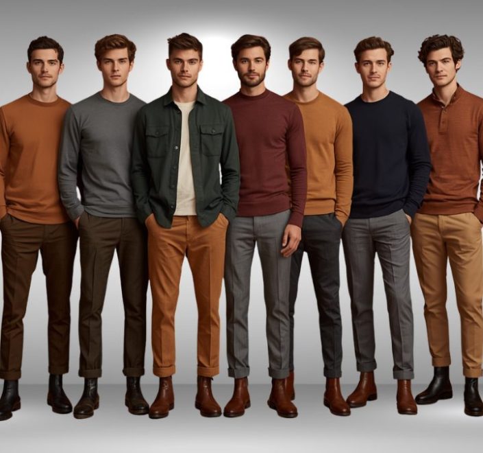 Man in autumn layered outfit wearing overshirt, straight trousers and Chelsea boots in earth tones 2026