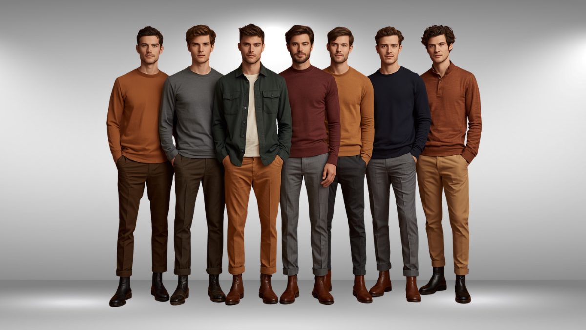 Man in autumn layered outfit wearing overshirt, straight trousers and Chelsea boots in earth tones 2026